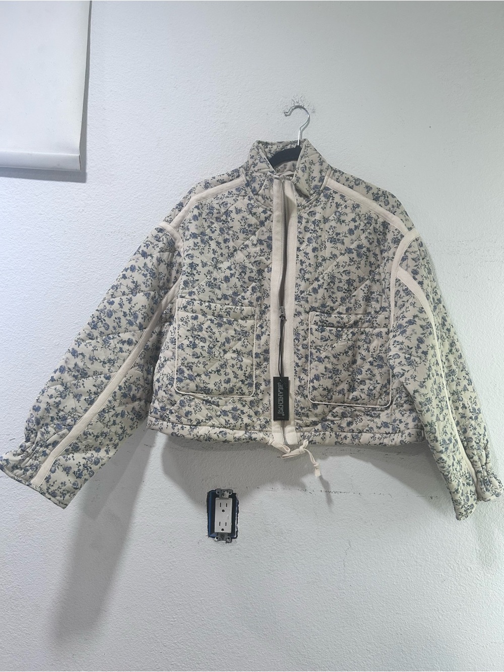 BLANKNYC Quilted Puffer Jacket in Cream with Blue Floral Print